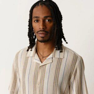 (MSRP = $156) Wax London Didcot Shirt Navy/Mustard Crinkle Stripe - Large